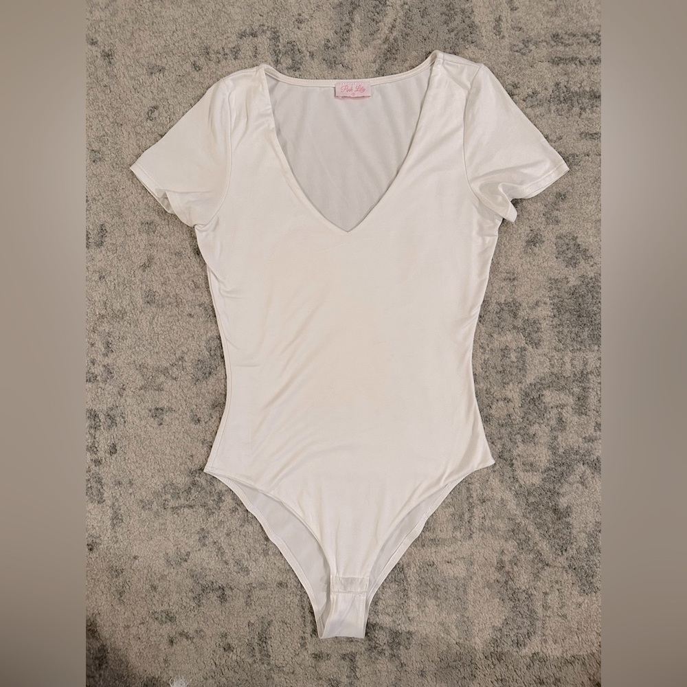 Pink Lily White V-Neck Bodysuit